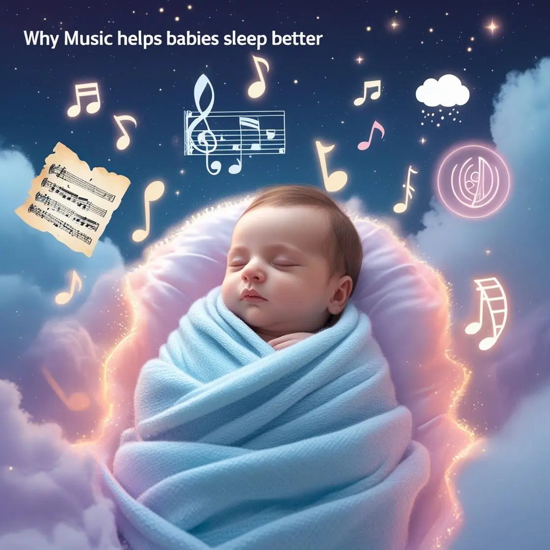 A sleeping infant surrounded by musical notes, a violin, music sheets, and white noise symbols like a fan and rain cloud — representing the calming effects of classical music and white noise on baby sleep.