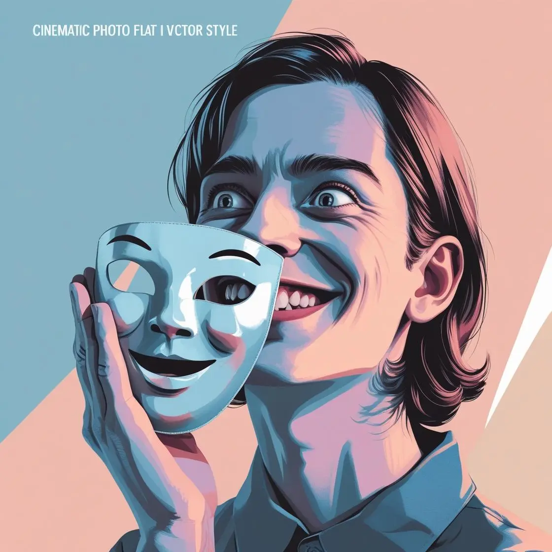 Cartoon character smiling while holding a fake happy mask, symbolizing emotional manipulation hidden behind charm.