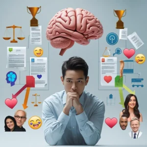 Flat academic illustration showing Central vs Peripheral Route of persuasion in social psychology, including symbolic representations of logical thinking and emotional influence