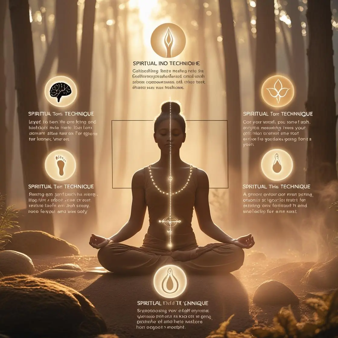 A calm person sitting in a misty forest while a glowing silhouette slowly separates from their head, symbolizing detachment from thought and ego. Warm light filters through the trees in a surreal, peaceful atmosphere