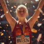 7 Hidden Truths About the Fear of Success: Why We Hold Ourselves Back 1 Athlete on a podium with a medal, surrounded by cheering people, showing fear and uncertainty on their face. Fear of Success
