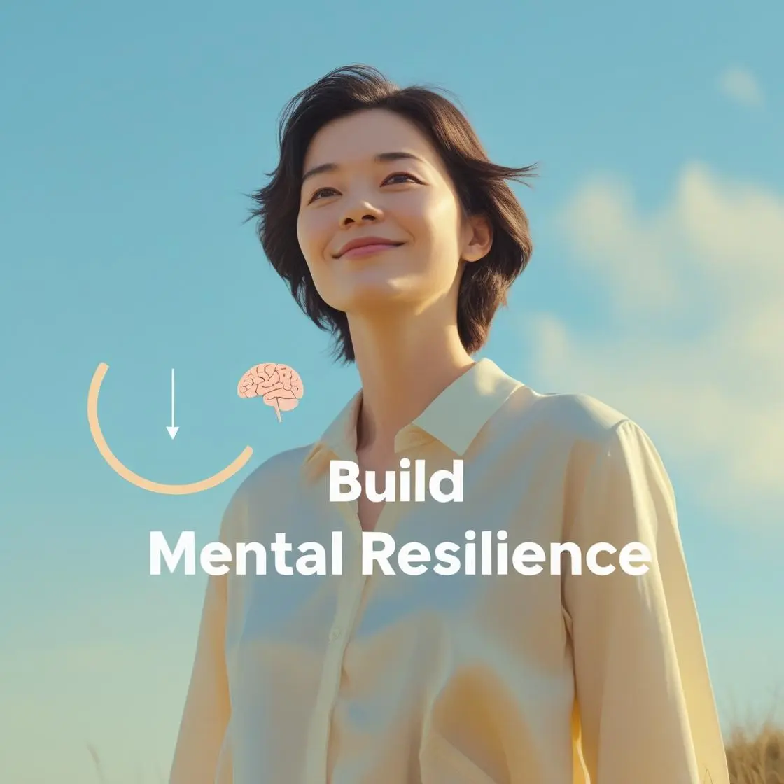 Portrait of a person standing under the sky with a soft, calm smile expressing emotional strength and clarity. Summer tones and pastel background. Text overlay: “Build Mental Resilience”.