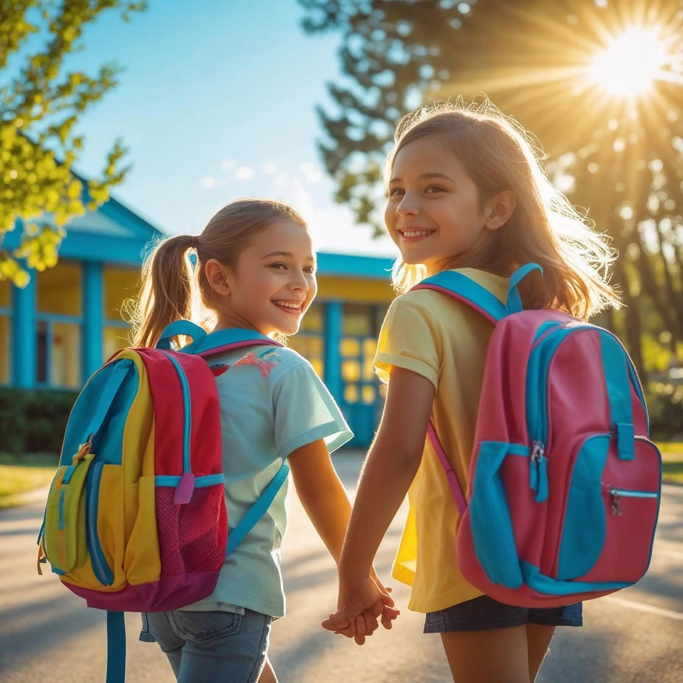 Two happy sisters with colorful backpacks walking hand in hand to school on a sunny morning, smiling and excited. Back to school