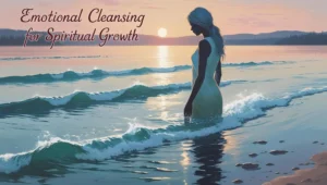 Woman standing by a calm lake at sunrise, symbolizing emotional cleansing, spiritual renewal, and inner peace.