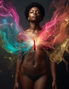 Some Wounds Never Heal. A surreal emotional painting of a woman emerging from light within her chest, symbolizing healing and rebirth after pain. The image blends warm tones of rose, violet, teal, and gold, conveying transformation and quiet strength.