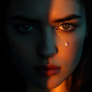 A close-up portrait of a woman’s face, half in shadow and half glowing in sunrise light, expressing deep emotion and quiet strength — symbolizing exhaustion, acceptance, and emotional healing.