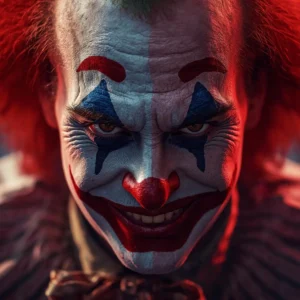 A dramatic cinematic portrait of a man with half clown makeup and half bare face, showing emotional pain and psychological conflict, with dark shadows and urban background. Joker.