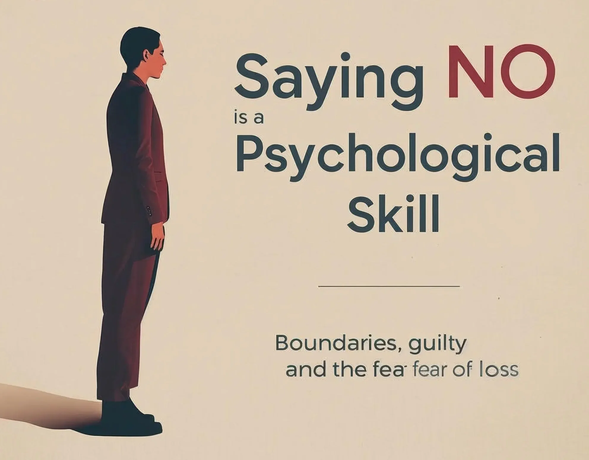 Minimalist editorial image symbolizing psychological boundaries and the act of saying "No" with a calm human figure standing at a threshold.