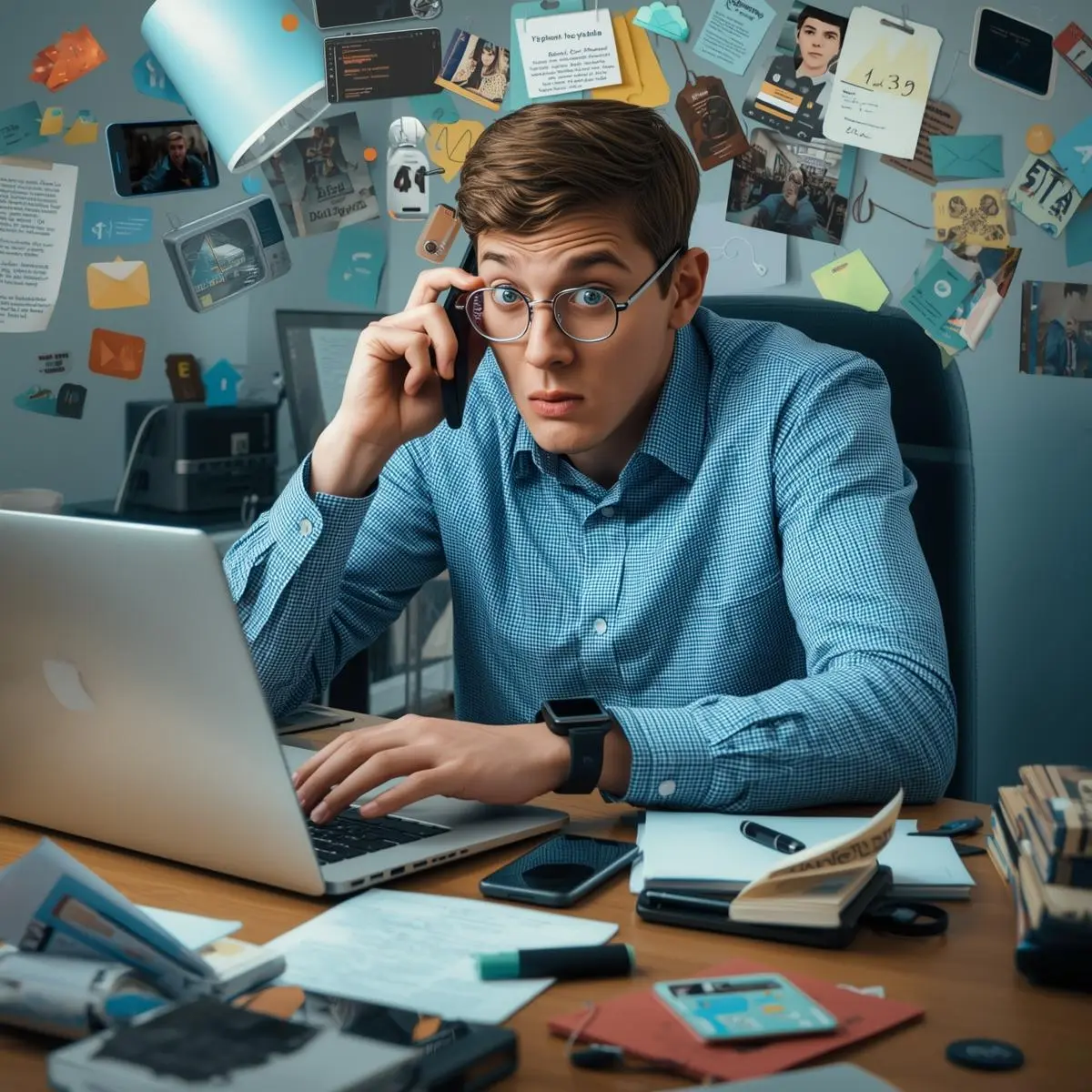 A person at a cluttered desk trying to handle multiple tasks at once, looking overwhelmed, illustrating how multitasking reduces productivity.