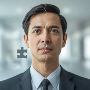 Business leader portrait with symbolic elements showing insecure leadership, control behavior, and imbalance between authority and competence.