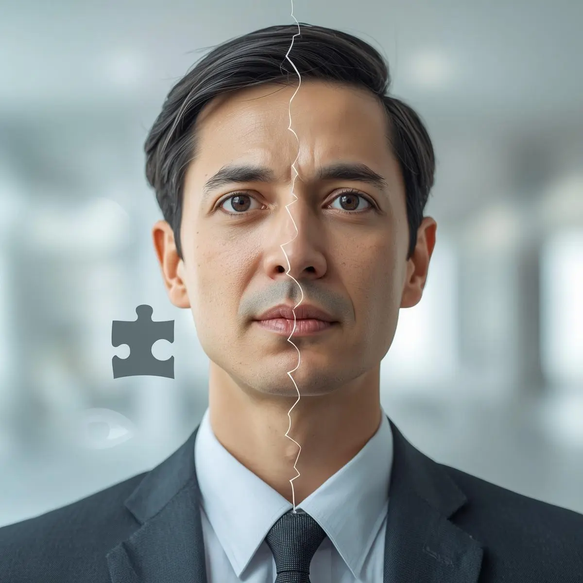 Business leader portrait with symbolic elements showing insecure leadership, control behavior, and imbalance between authority and competence.