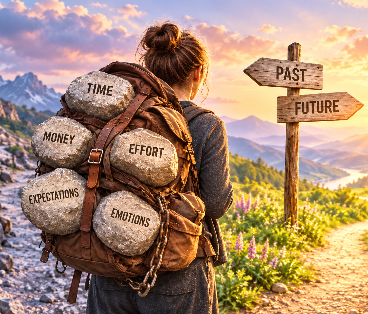 Woman carrying the weight of time, money, effort and emotions while choosing between the past and the future. sunk cost