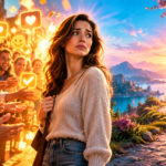 Woman caught between a cheering crowd seeking her attention and a peaceful path representing her own dreams and happiness.