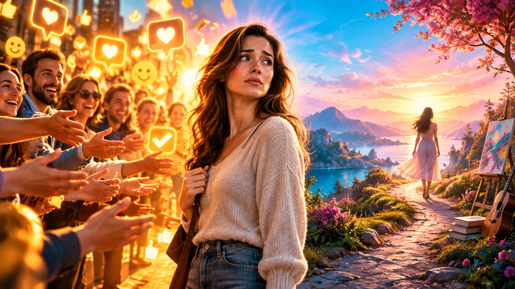 Woman caught between a cheering crowd seeking her attention and a peaceful path representing her own dreams and happiness.