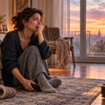 I Thought I Knew Grief Until I Heard My Own Scream 1 Grieving woman sitting on the bedroom floor at sunrise, holding a phone after receiving devastating news of her husband's death.