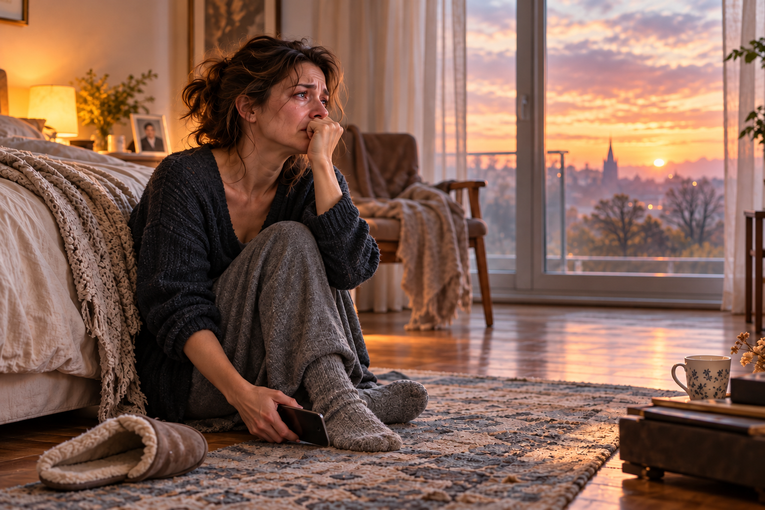 Grieving woman sitting on the bedroom floor at sunrise, holding a phone after receiving devastating news of her husband's death.