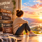 The Life You Keep Postponing: The Psychology of “Tomorrow” 1 A woman sitting beside a stack of suitcases labeled with postponed dreams, looking toward a bright sunrise through an open door.