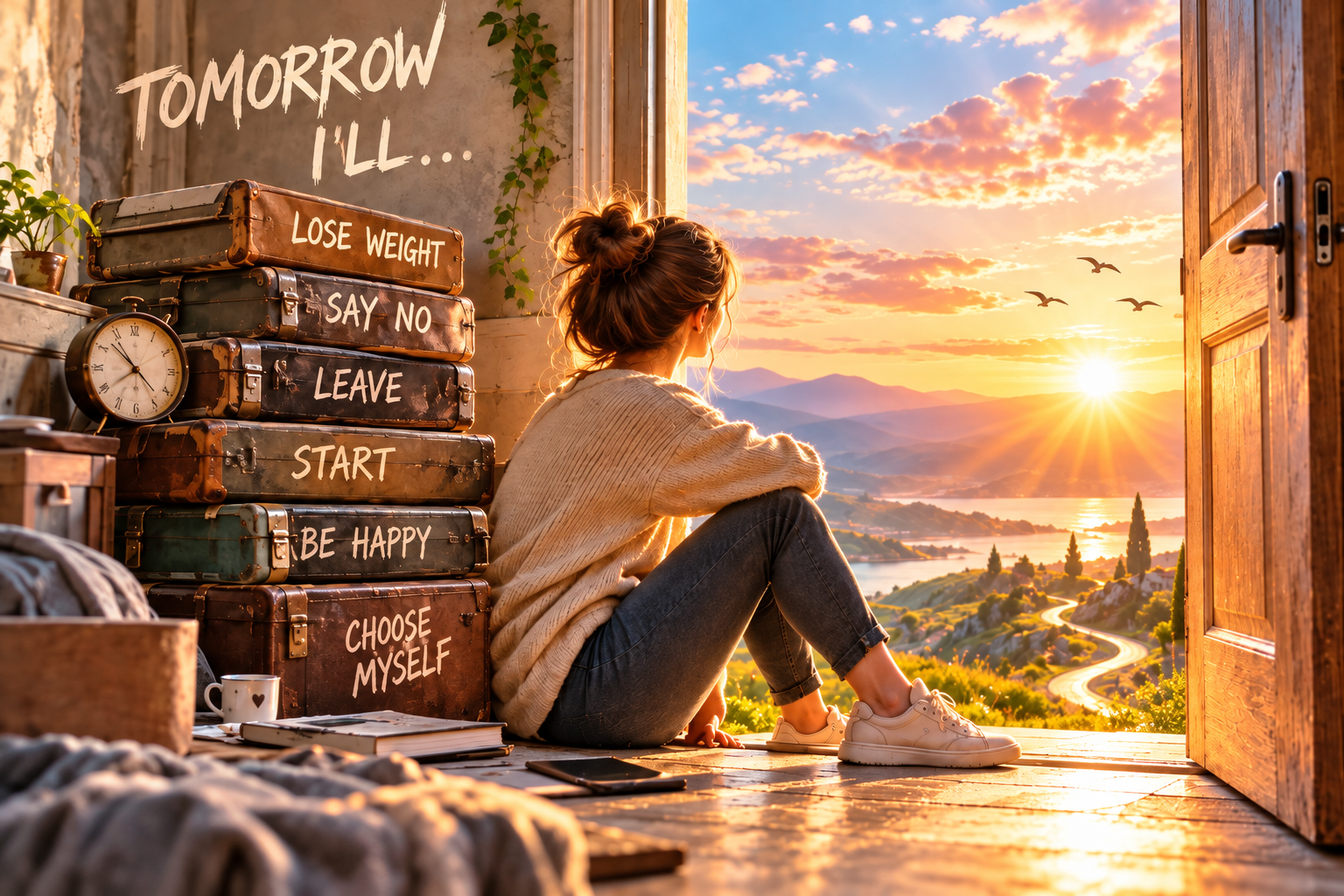 A woman sitting beside a stack of suitcases labeled with postponed dreams, looking toward a bright sunrise through an open door.